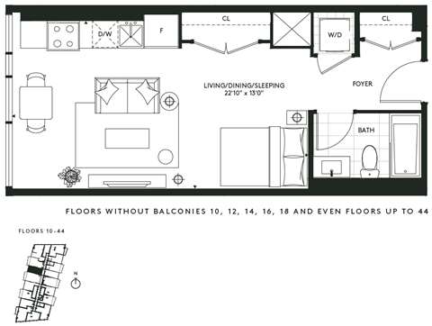 Floor plan for studio, 1 bath, 479 sqft